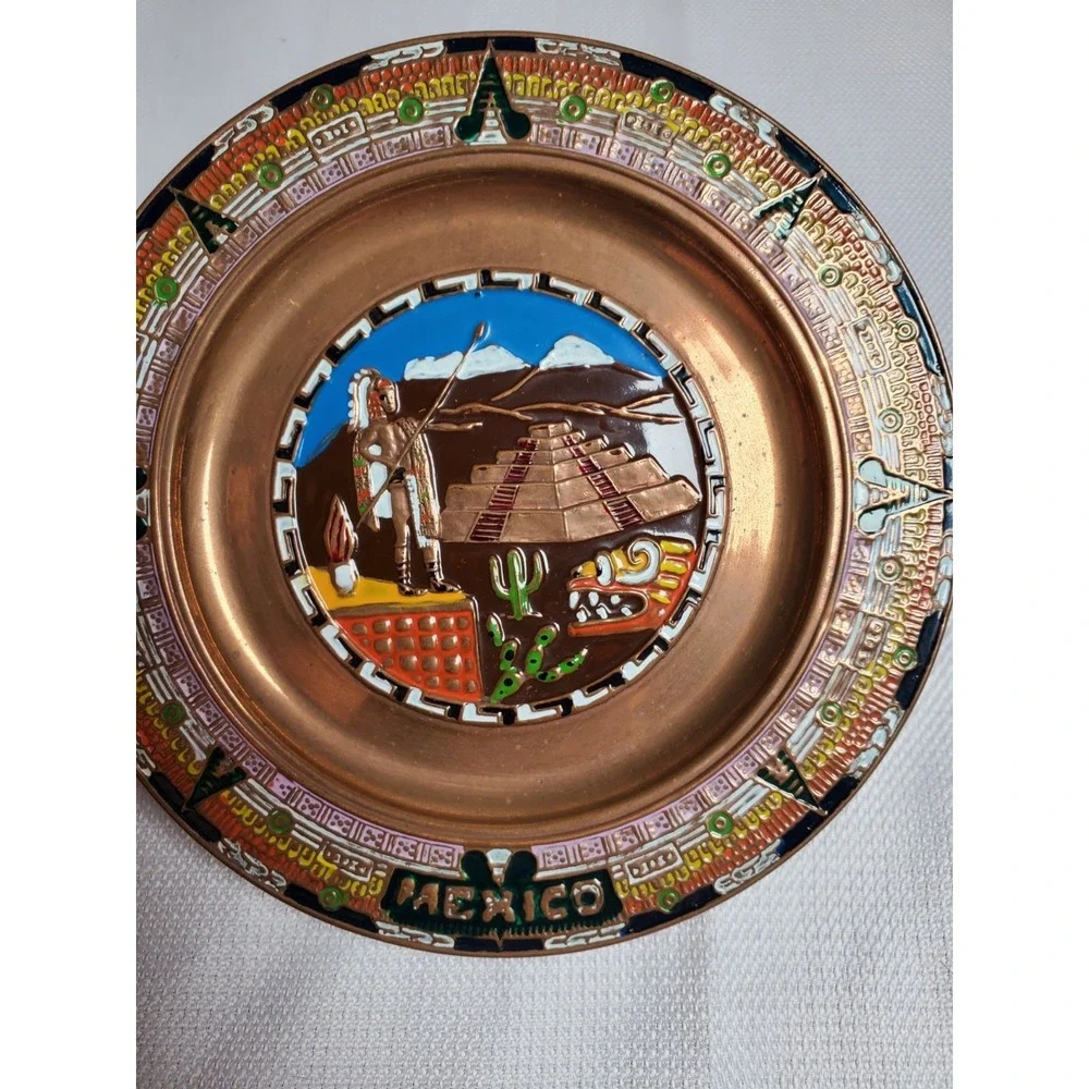 Vtg Mexico Copper Enamel Souvenir Wall Plaque Mayan Aztec Pyramid Hand Painted